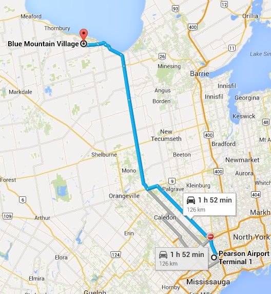 Blue Mountain Village is approximately a 2 hr drive north of Toronto.